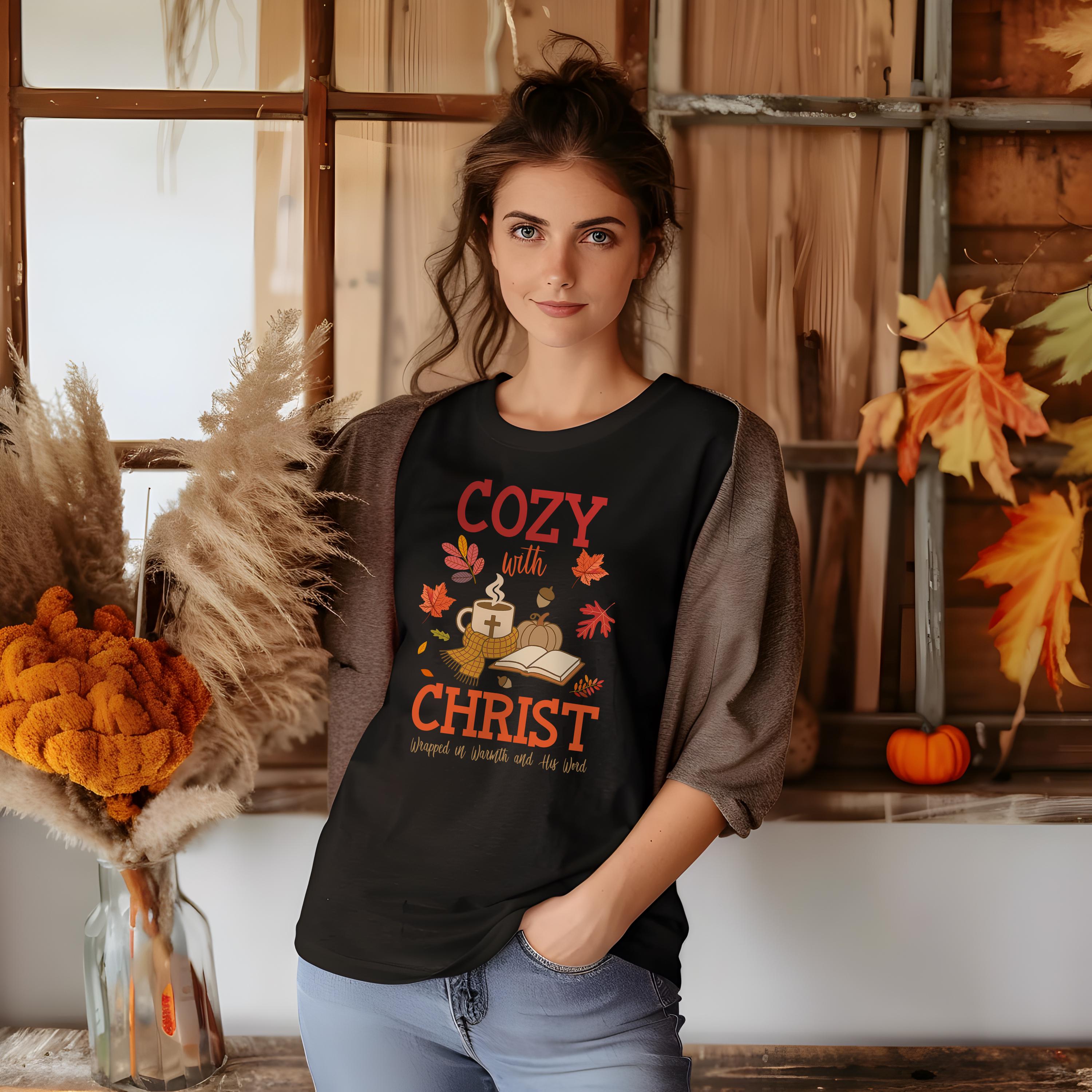 Cozy with Christ Fall Christian T-Shirt, Warmth and Comfort Tee, Pumpkin Spice Christian Shirt, Bible Study Women's Tee, Faith Gift for Her