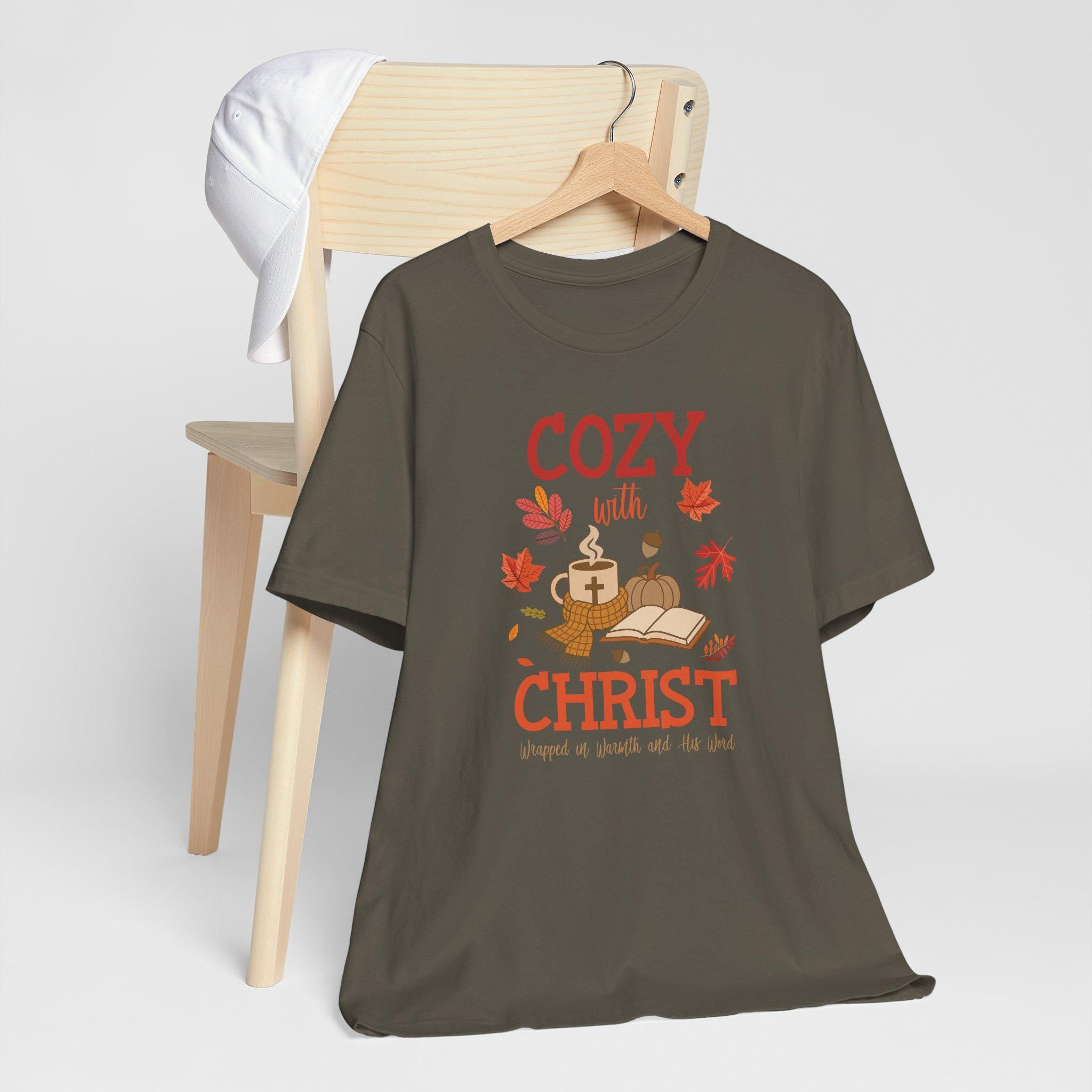 Cozy with Christ Fall Christian T-Shirt, Warmth and Comfort Tee, Pumpkin Spice Christian Shirt, Bible Study Women's Tee, Faith Gift for Her