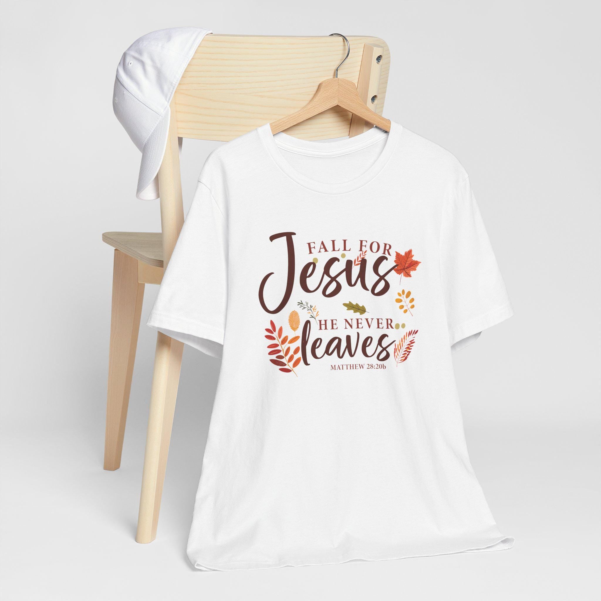Fall for Jesus He Never Leaves T-Shirt - Matthew 28:20b Christian Fall Tee, Autumn Faith Shirt for Women, Christian Womens Fall T-Shirt