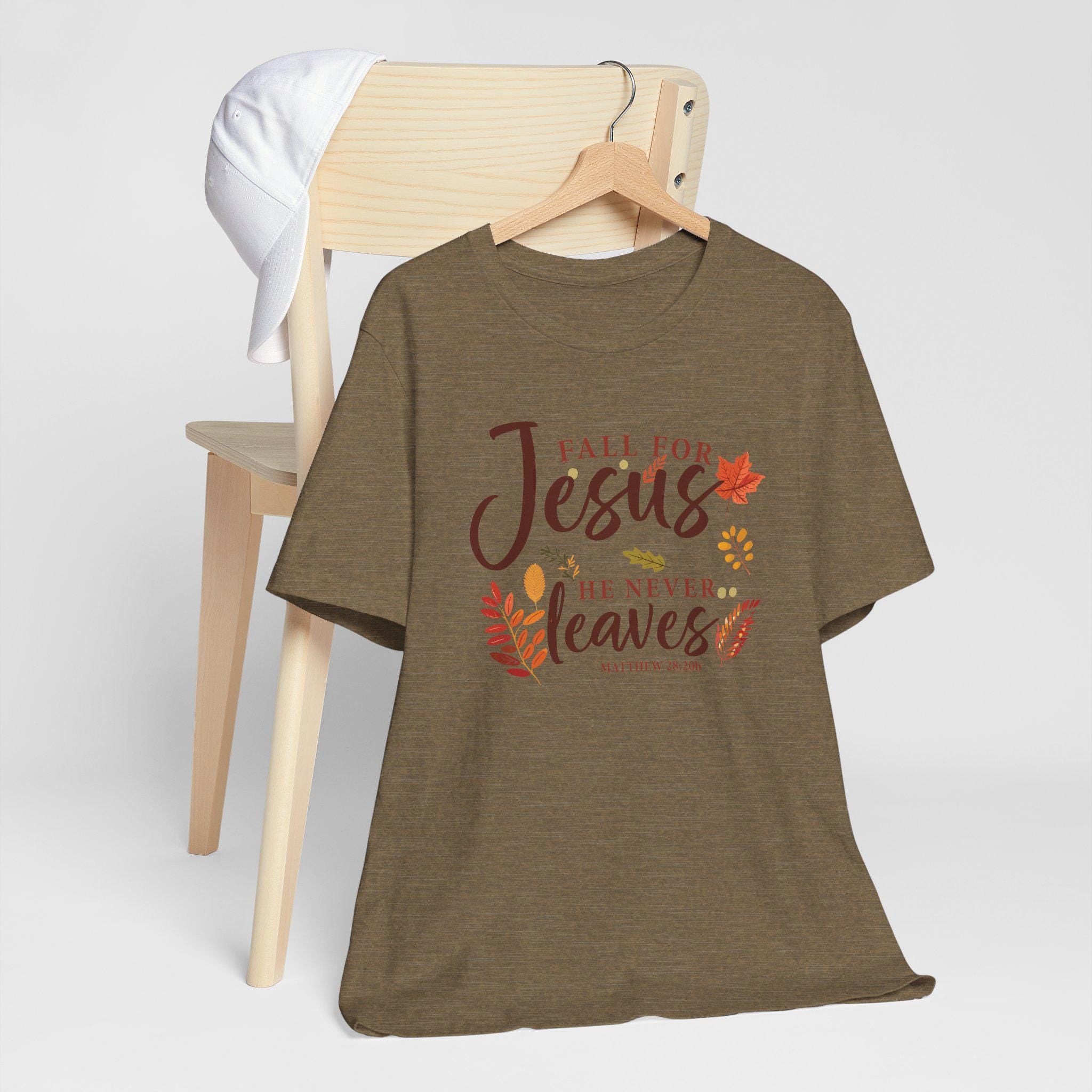 Fall for Jesus He Never Leaves T-Shirt - Matthew 28:20b Christian Fall Tee, Autumn Faith Shirt for Women, Christian Womens Fall T-Shirt
