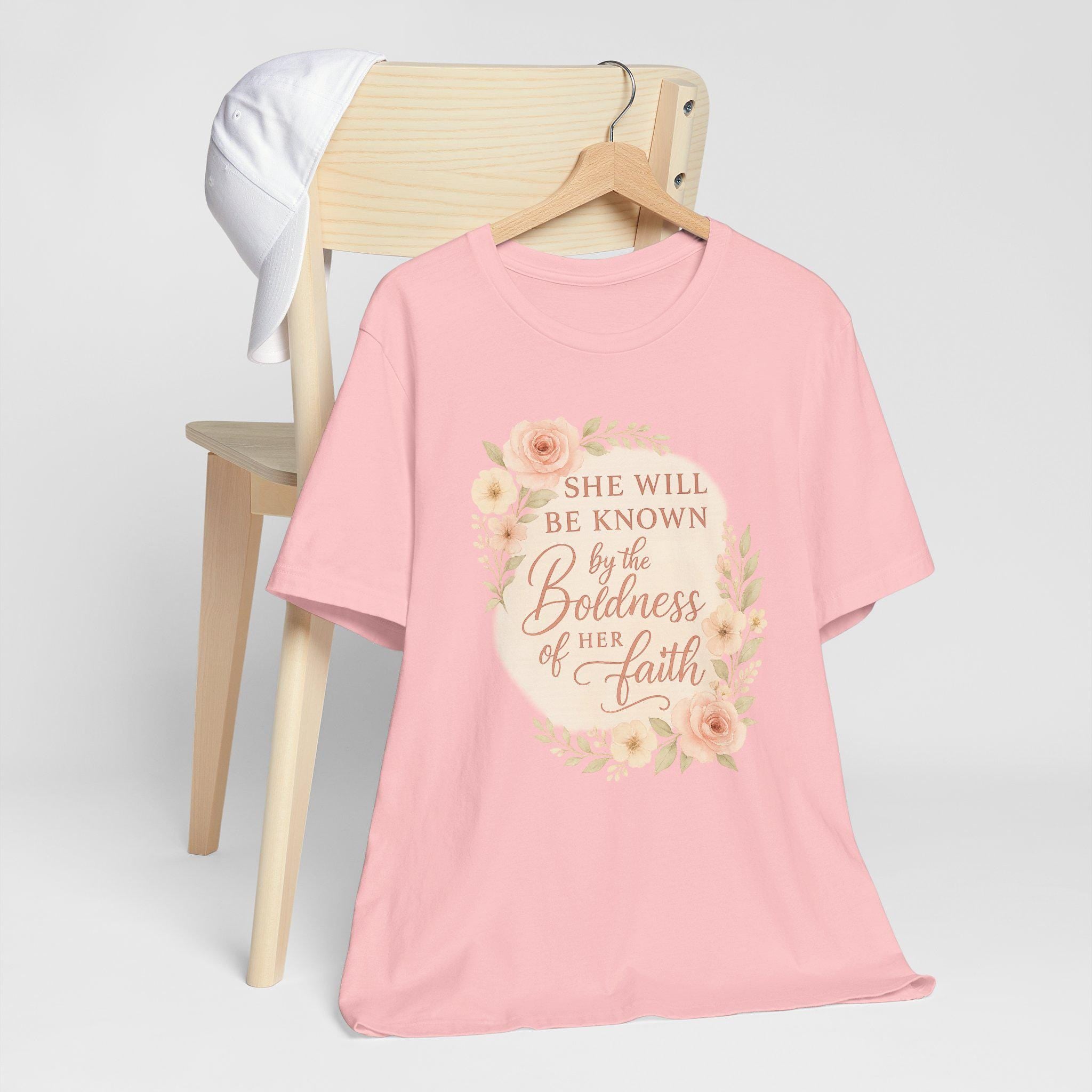 She Will Be Known by the Boldness of Her Faith Christian Womens T-Shirt, Elegant Floral Bible Verse Tee, Inspirational Faith Shirt for Women