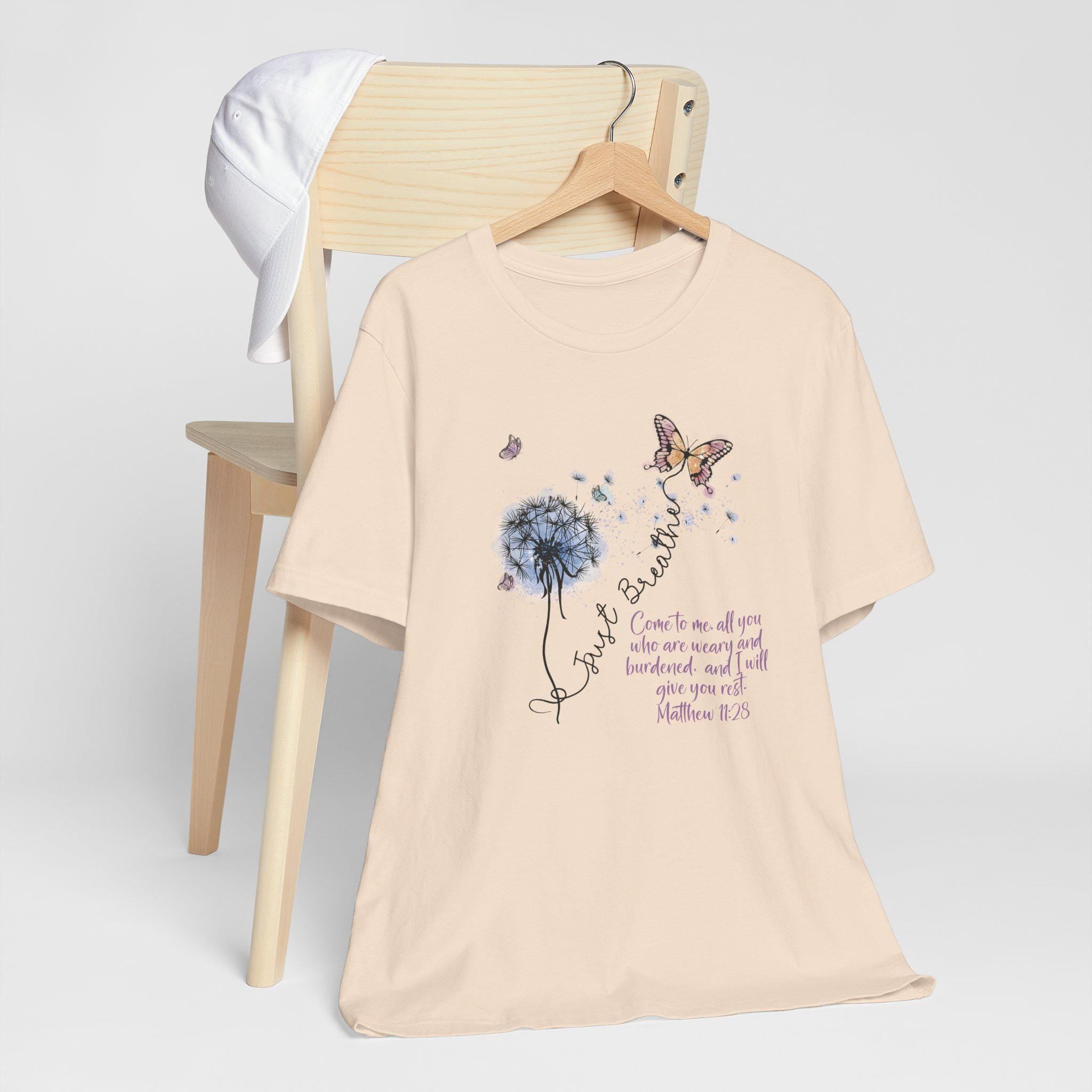 Just Breathe Christian Womens T-Shirt - Matthew 11:28 Bible Verse Tee, Come to Me Faith Shirt, Peaceful Inspirational Christian Apparel