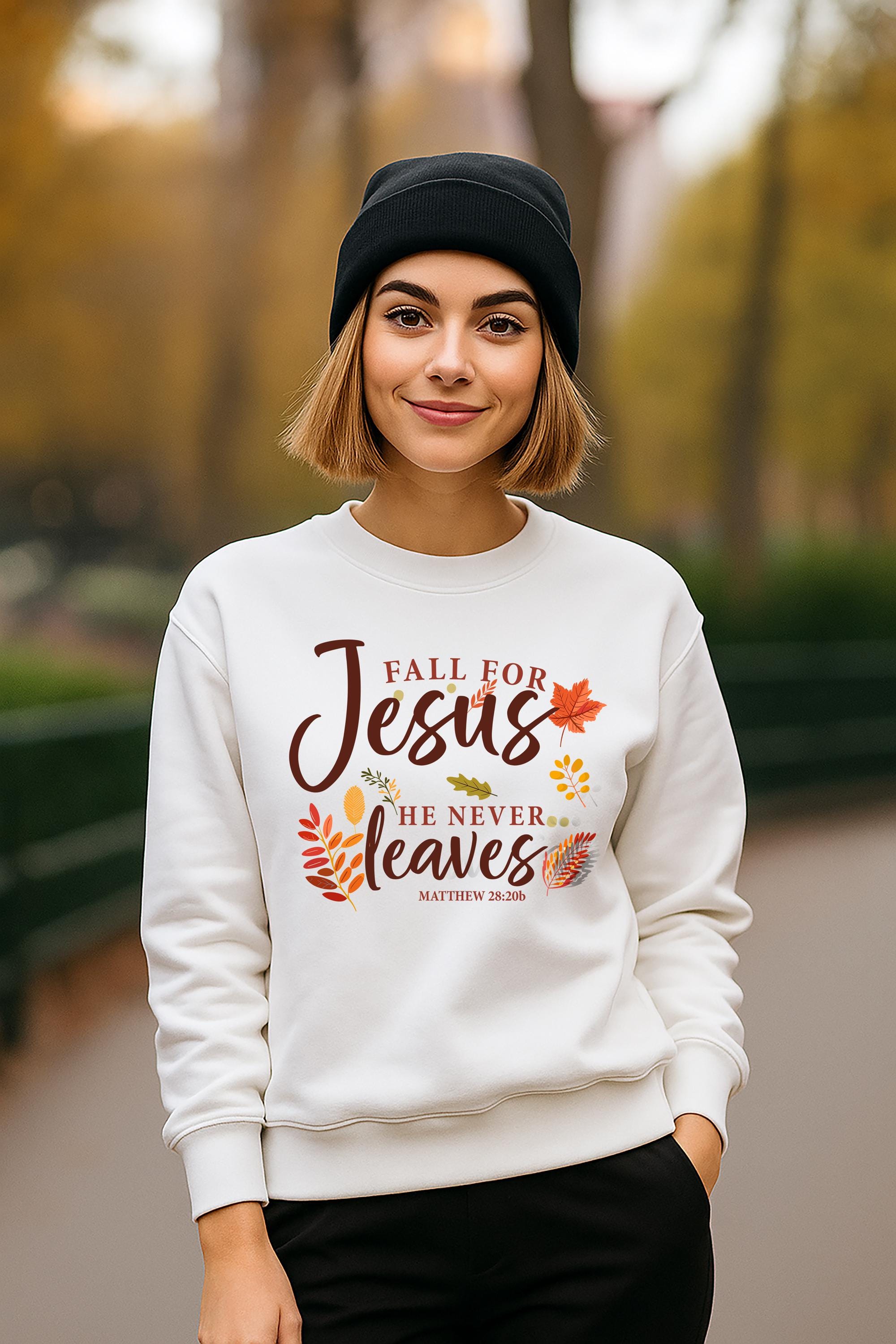 Fall for Jesus He Never Leaves Crewneck Sweatshirt - Matthew 28:20b, Christian Fall sweater, Autumn Faith sweatshirt for Women, Cold Apparel