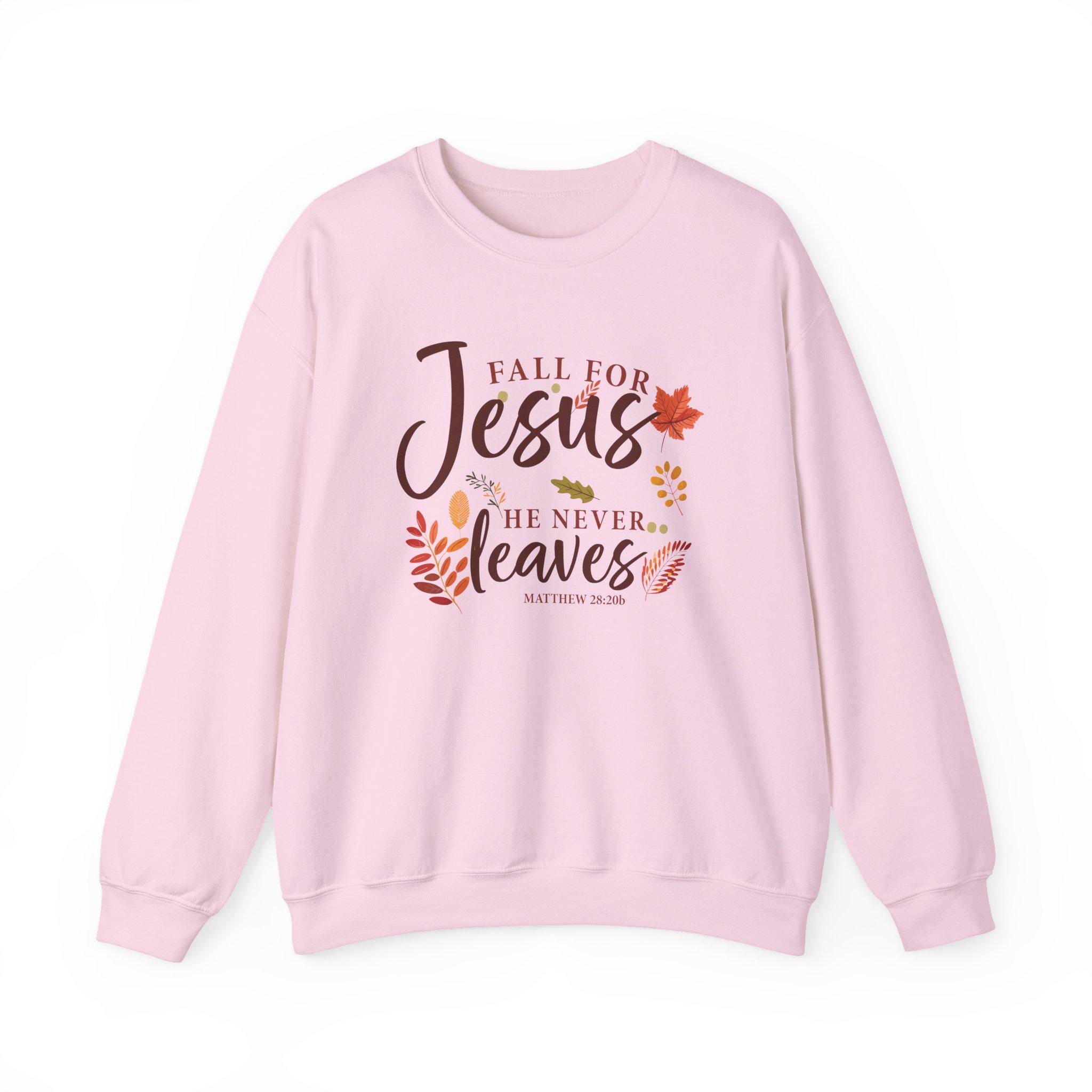 Fall for Jesus He Never Leaves Crewneck Sweatshirt - Matthew 28:20b, Christian Fall sweater, Autumn Faith sweatshirt for Women, Cold Apparel