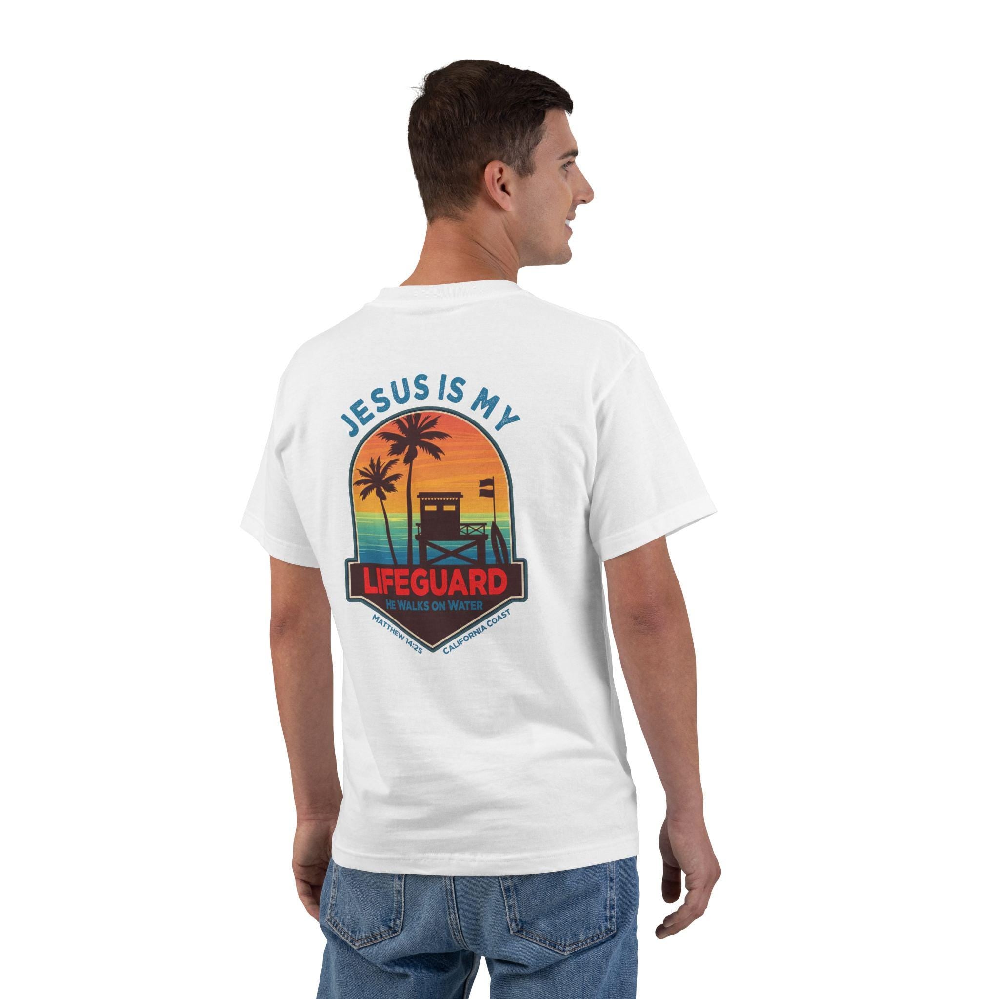 CA-Jesus Is My Lifeguard Shirt, He Walks on Water T-shirt, California Coast, Matthew 1425, Surfing T Shirt, God Bless America Collection