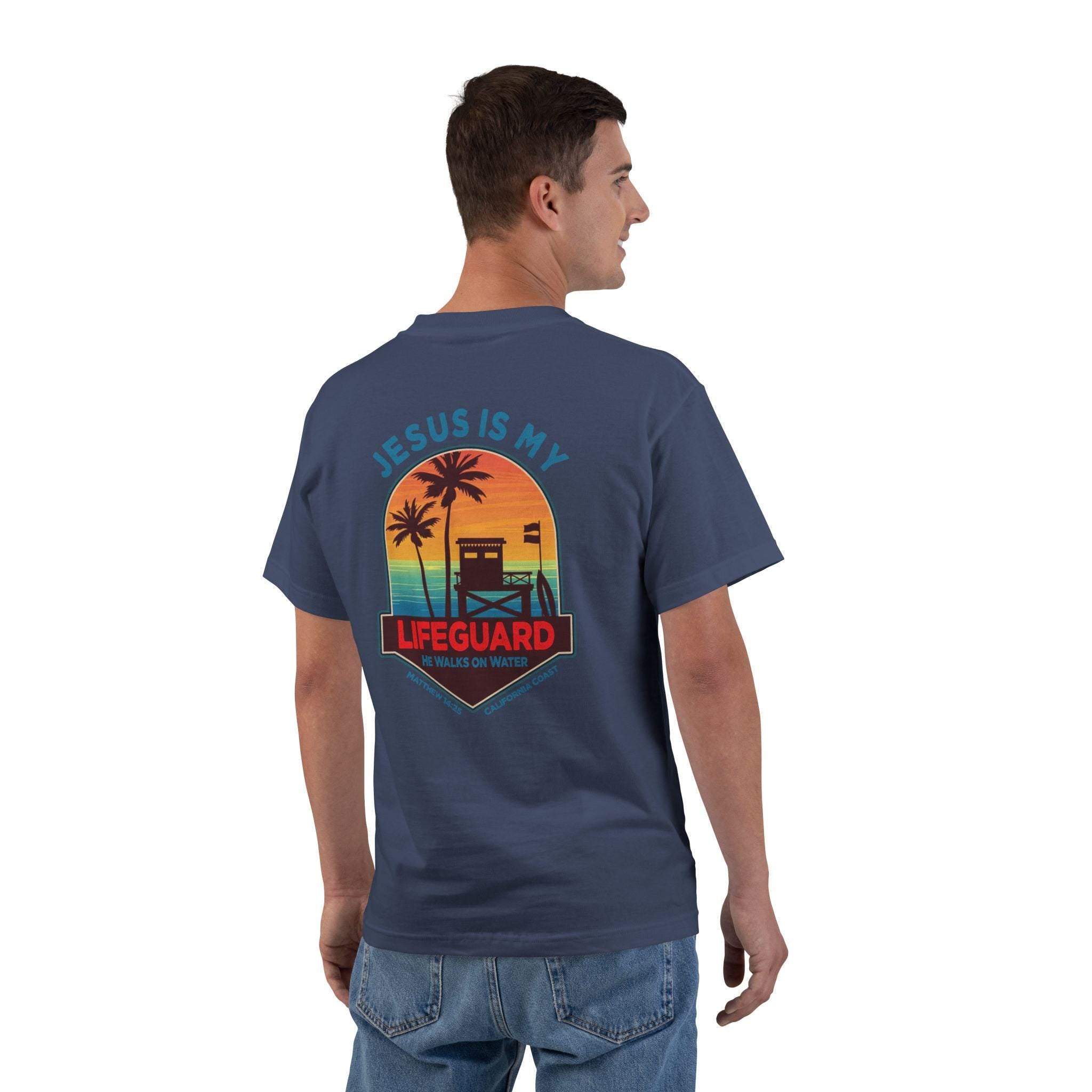 CA-Jesus Is My Lifeguard Shirt, He Walks on Water T-shirt, California Coast, Matthew 1425, Surfing T Shirt, God Bless America Collection