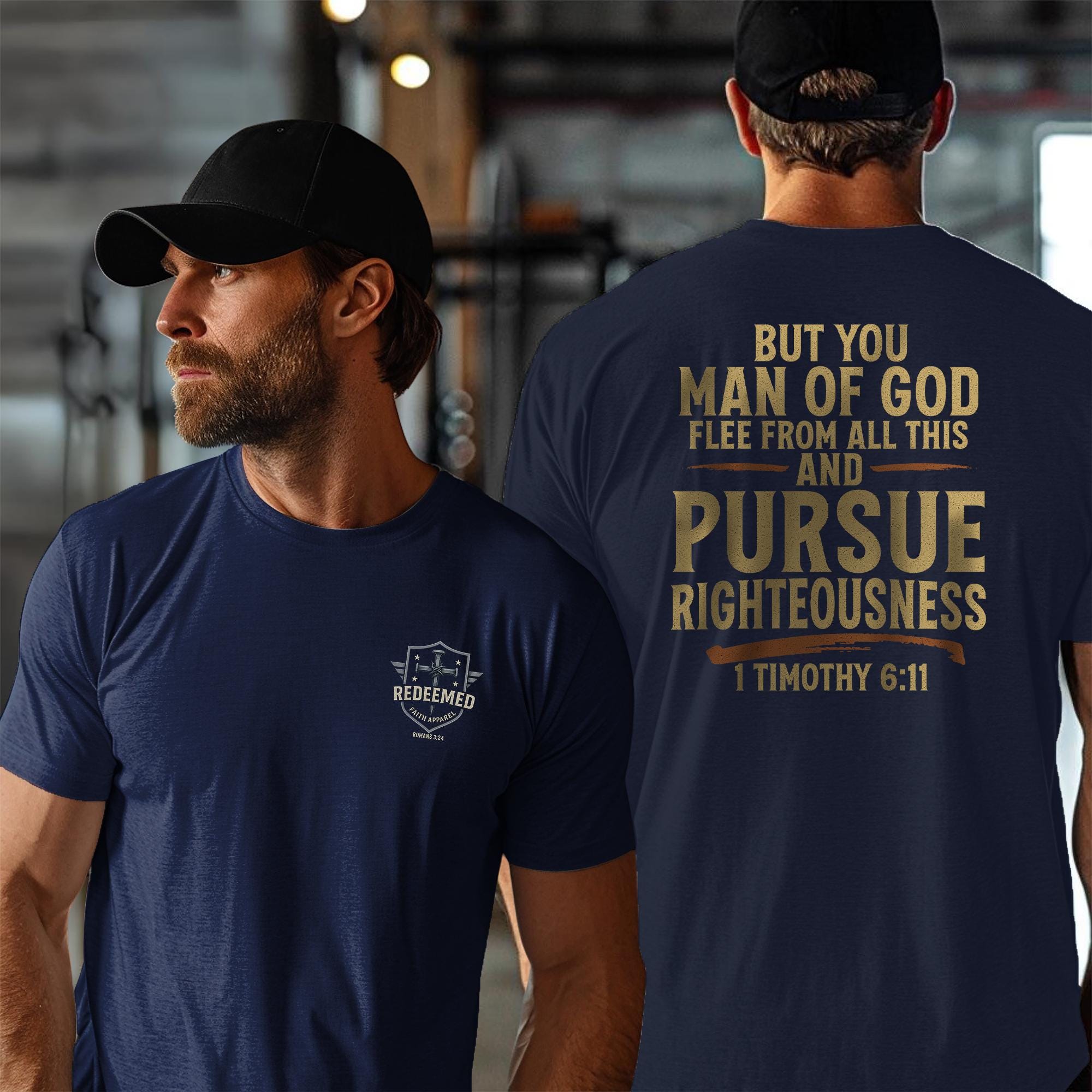Pursue Righteousness Christian T-Shirt - 1 Timothy 6:11 Man of God Tee, Bold Mens Ministry Shirt, Scripture Faith Graphic for Men and Women