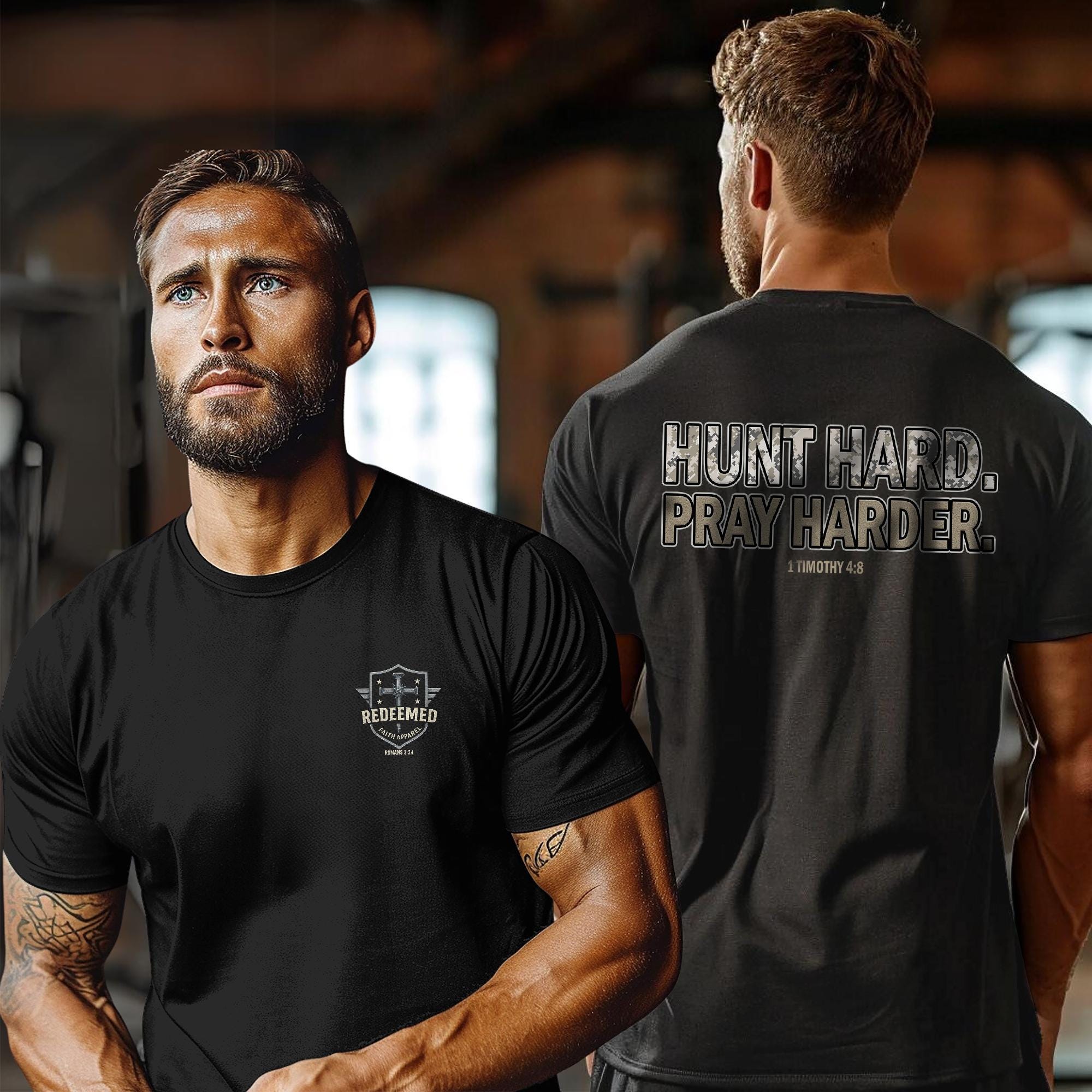 Hunt Hard Pray Harder T-Shirt - Christian Hunting Shirt with Camo Print and Bible Verse 1 Timothy 4:8, Faith and Outdoors Tee for Men