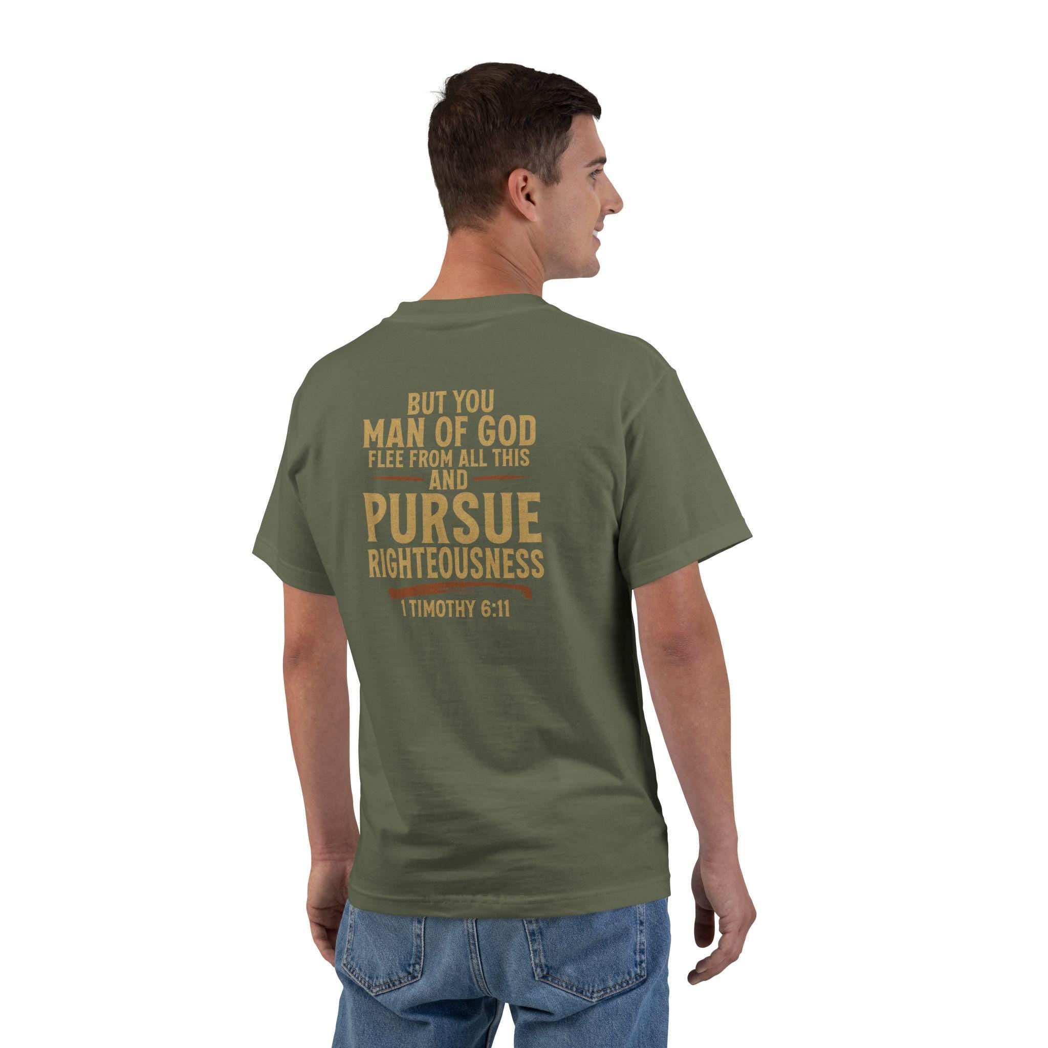Pursue Righteousness Christian T-Shirt - 1 Timothy 6:11 Man of God Tee, Bold Mens Ministry Shirt, Scripture Faith Graphic for Men and Women