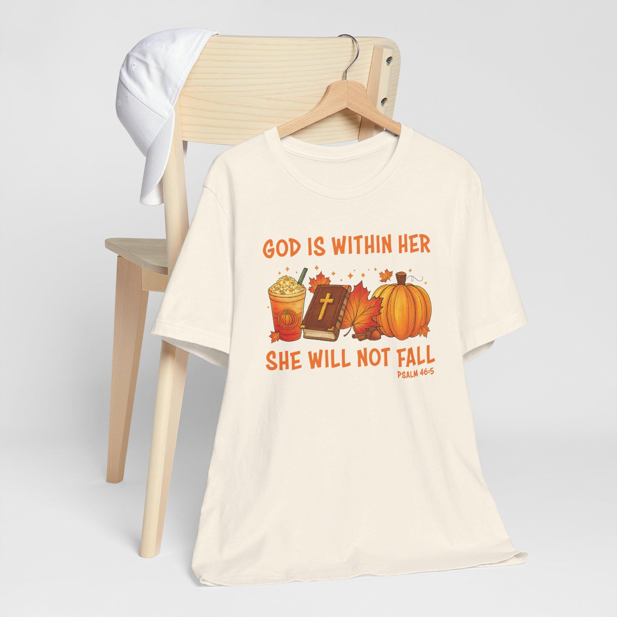 God Is Within Her She Will Not Fall Shirt | Psalm 46:5, Christian Fall Pumpkin Tee for Women, Unisex T-Shirt for Women, Pumpkin Spice Latte