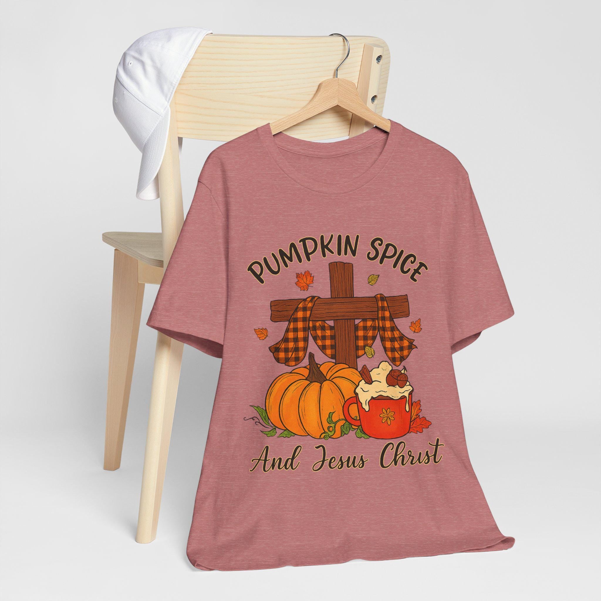 Pumpkin Spice and Jesus Christ Christian T-Shirt, Fall Quilt Collection Tee, Faith Apparel Shirt, Women's Cozy Autumn Top, Rustic Cross Tee