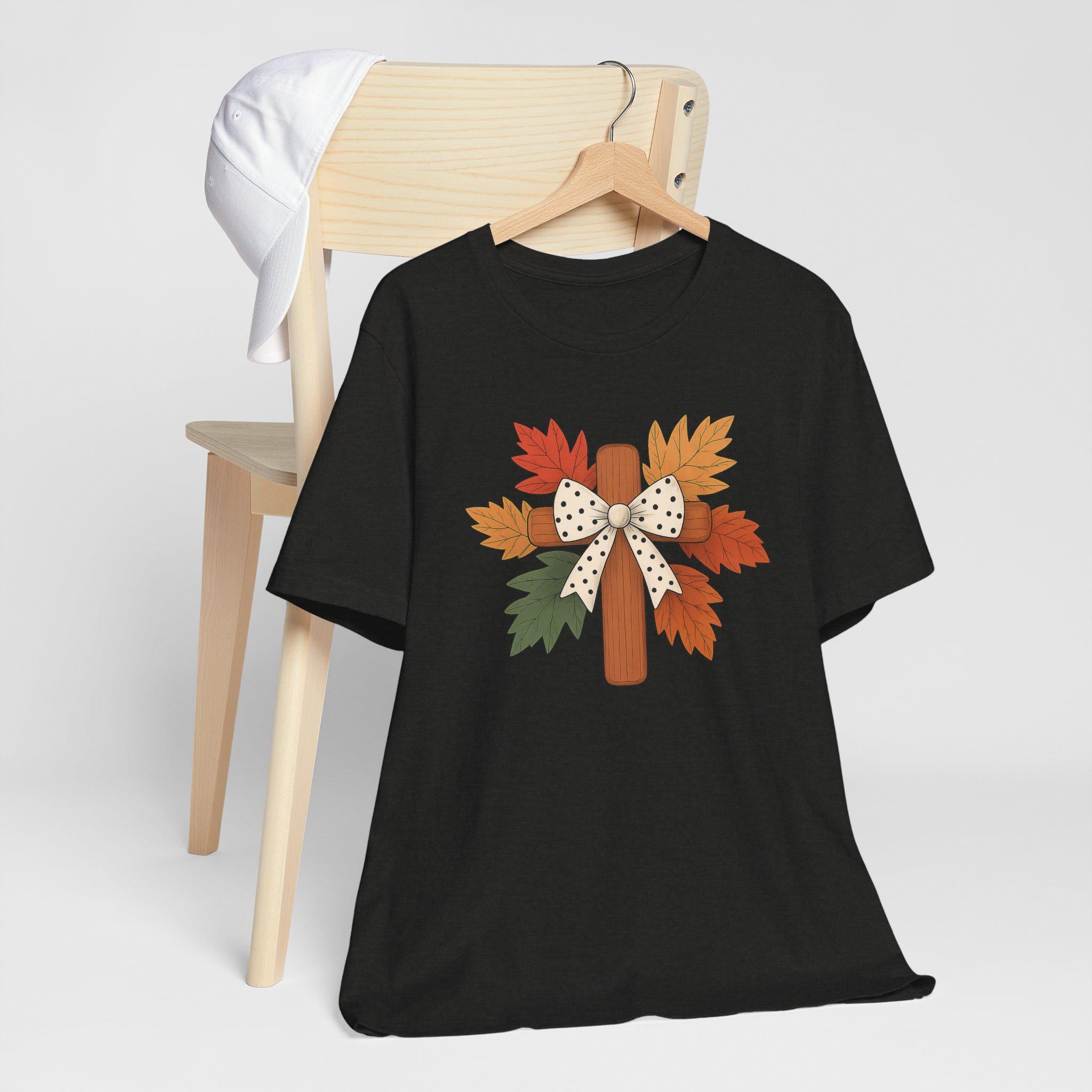 Christian Fall Cross with Polka Dot Bow, Unisex Tee, Cross Autumn Leaves Shirt, Cozy Fall Quilt Collection Top, Christian Faith Tee Women