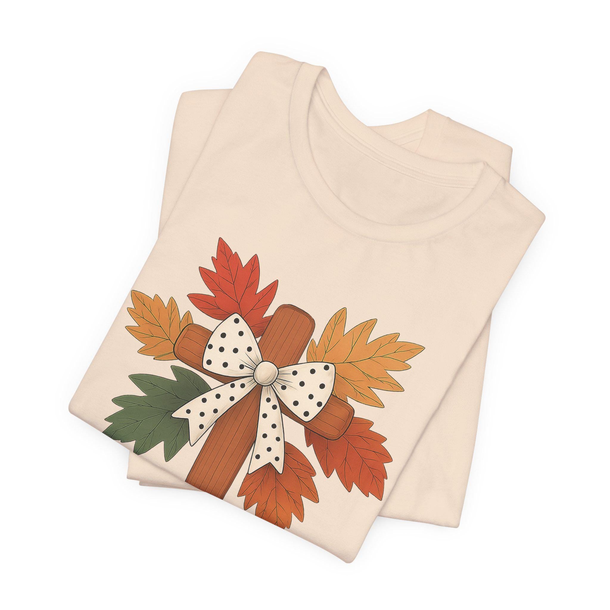 Christian Fall Cross with Polka Dot Bow, Unisex Tee, Cross Autumn Leaves Shirt, Cozy Fall Quilt Collection Top, Christian Faith Tee Women