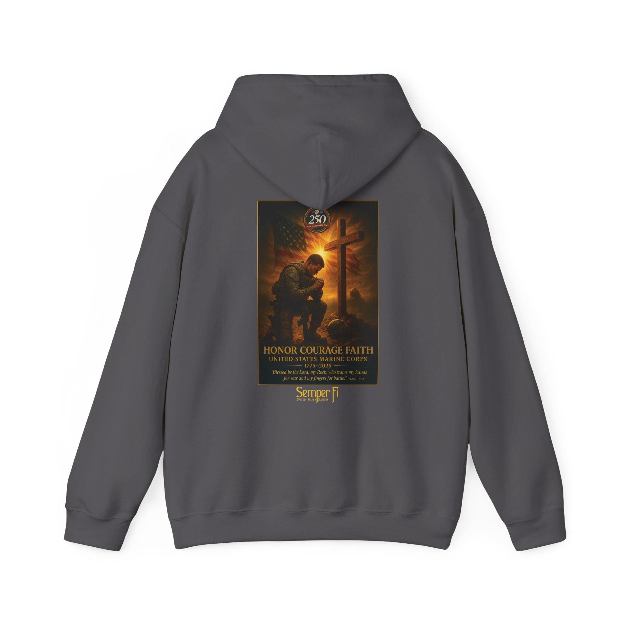 USMC 250th Anniversary - Honor Courage Faith Hoodie, Psalm 144:1, Redeemed Faith Apparel, Left-Chest Logo, Christian Clothing, Semper Fi Tee