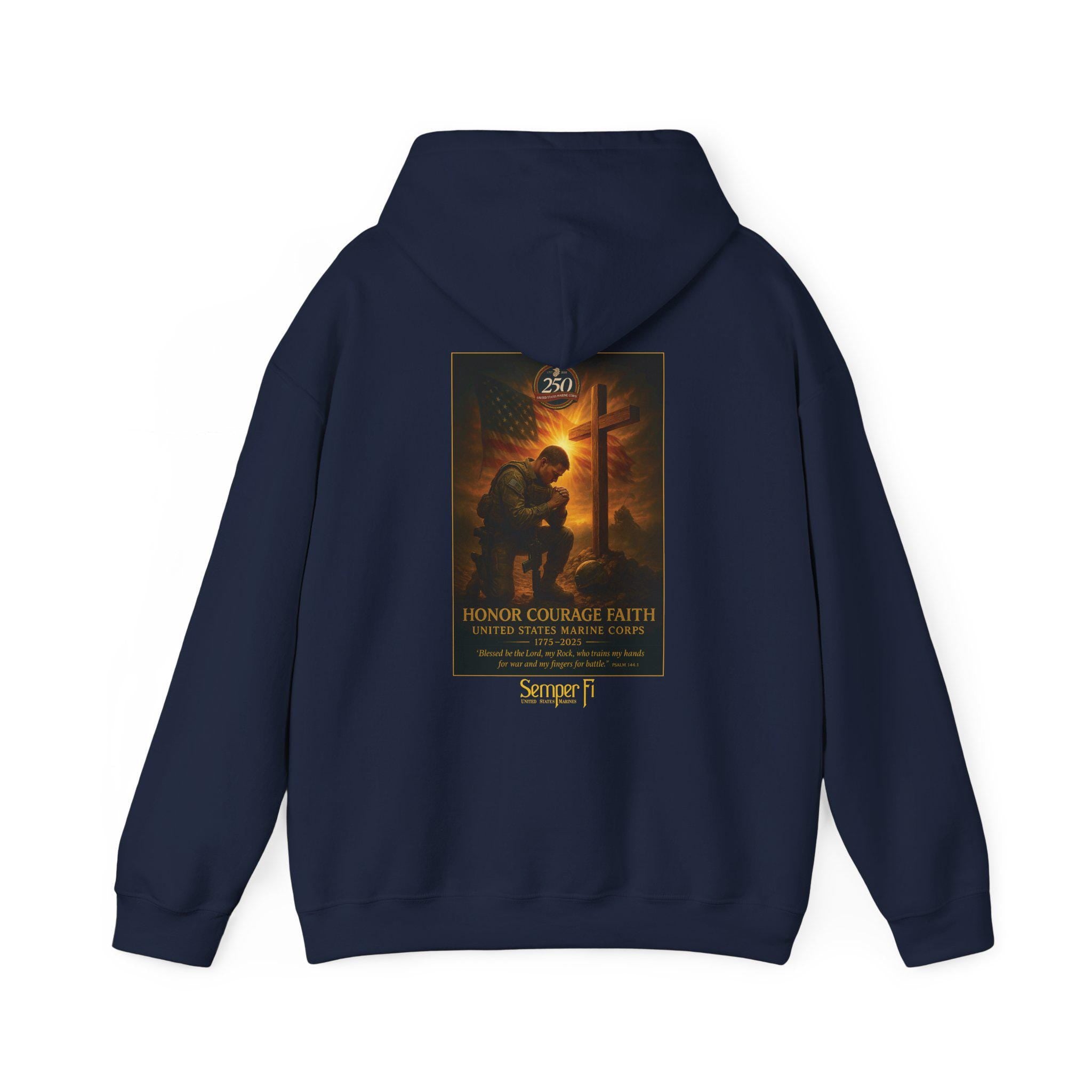 USMC 250th Anniversary - Honor Courage Faith Hoodie, Psalm 144:1, Redeemed Faith Apparel, Left-Chest Logo, Christian Clothing, Semper Fi Tee