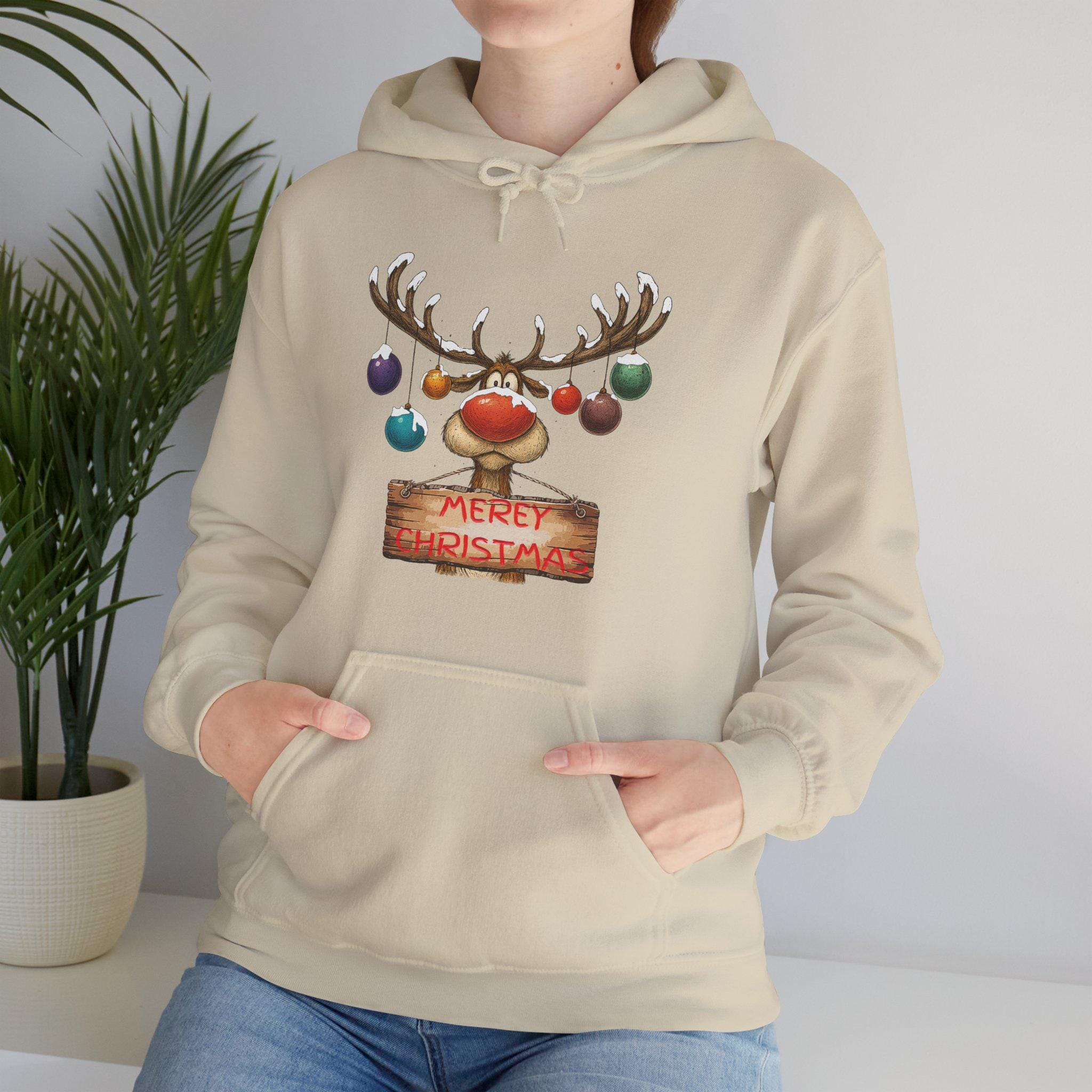 Fun Merry Christmas Reindeer Hoodie, Funny Holiday Apparel, Antlers and Christmas Gift, Christian Christmas Sweatshirt and T-shirt Options