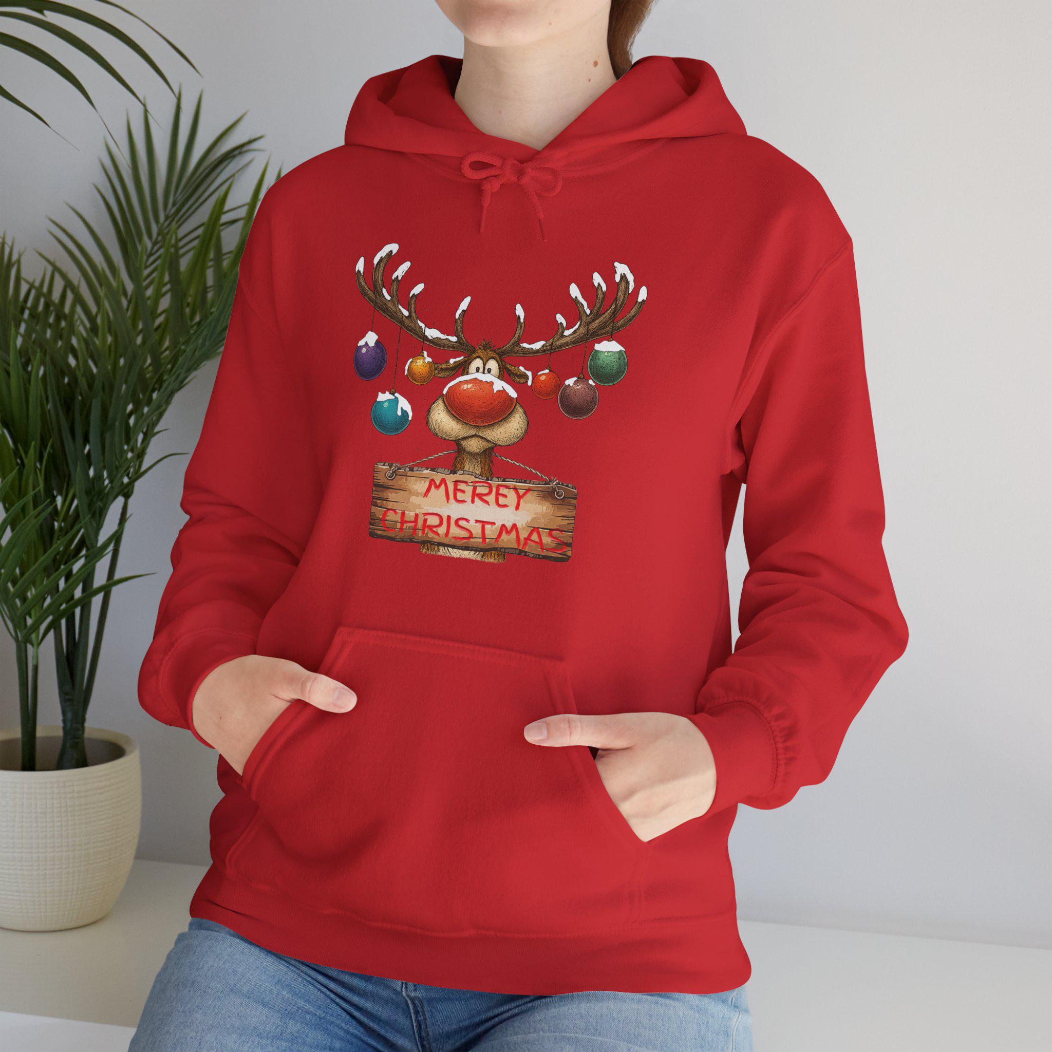 Fun Merry Christmas Reindeer Hoodie, Funny Holiday Apparel, Antlers and Christmas Gift, Christian Christmas Sweatshirt and T-shirt Options