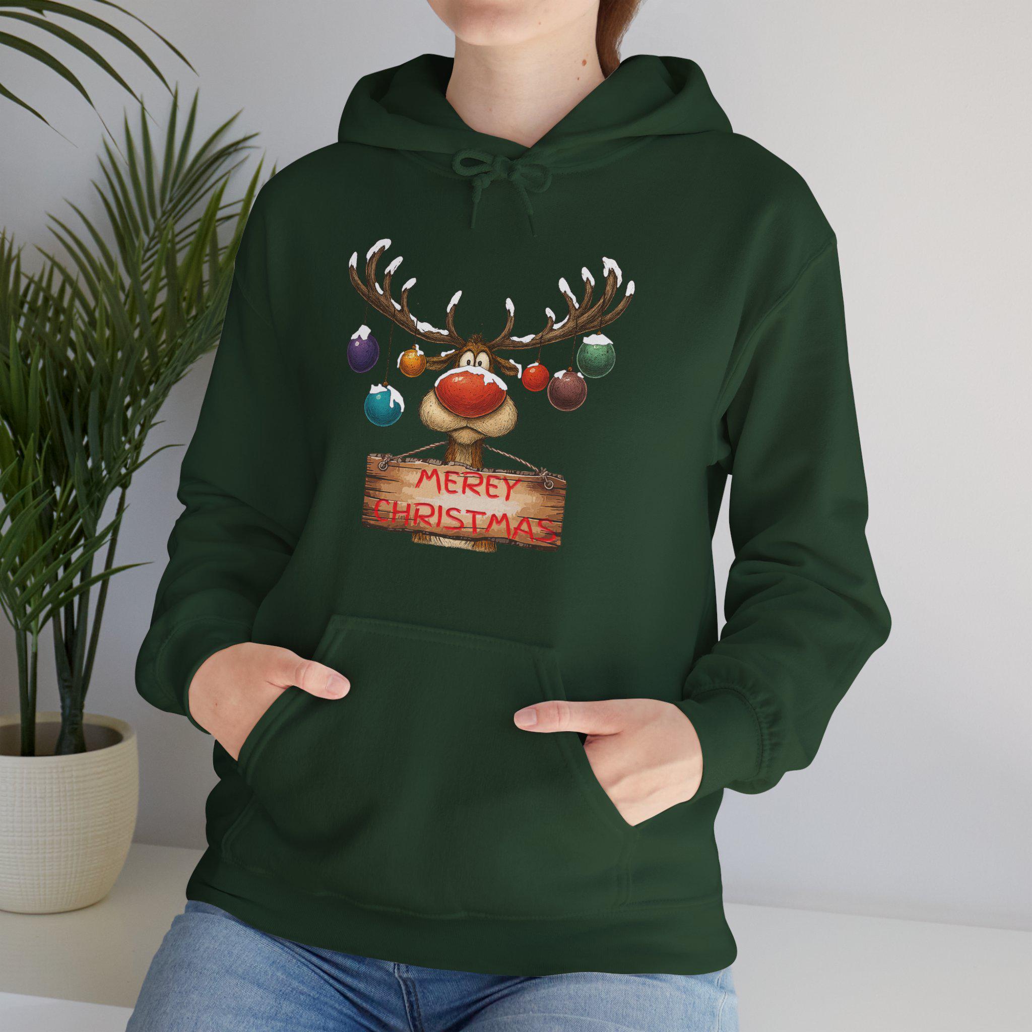 Fun Merry Christmas Reindeer Hoodie, Funny Holiday Apparel, Antlers and Christmas Gift, Christian Christmas Sweatshirt and T-shirt Options