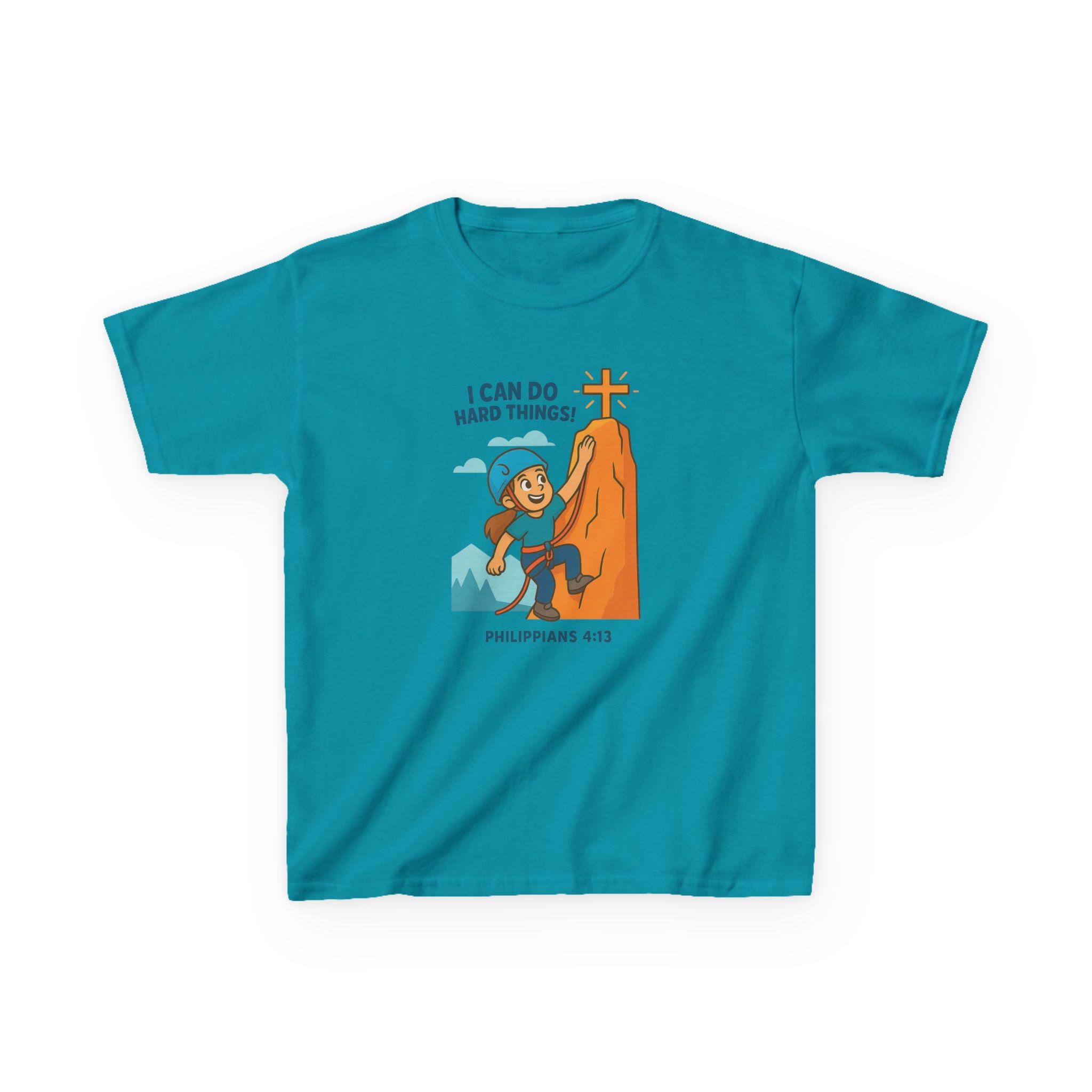 I Can Do Hard Things, Christian Girls Rock Climbing Shirt, Philippians 413, Kids Faith T Shirt, Inspirational Bible Verse Youth Tee