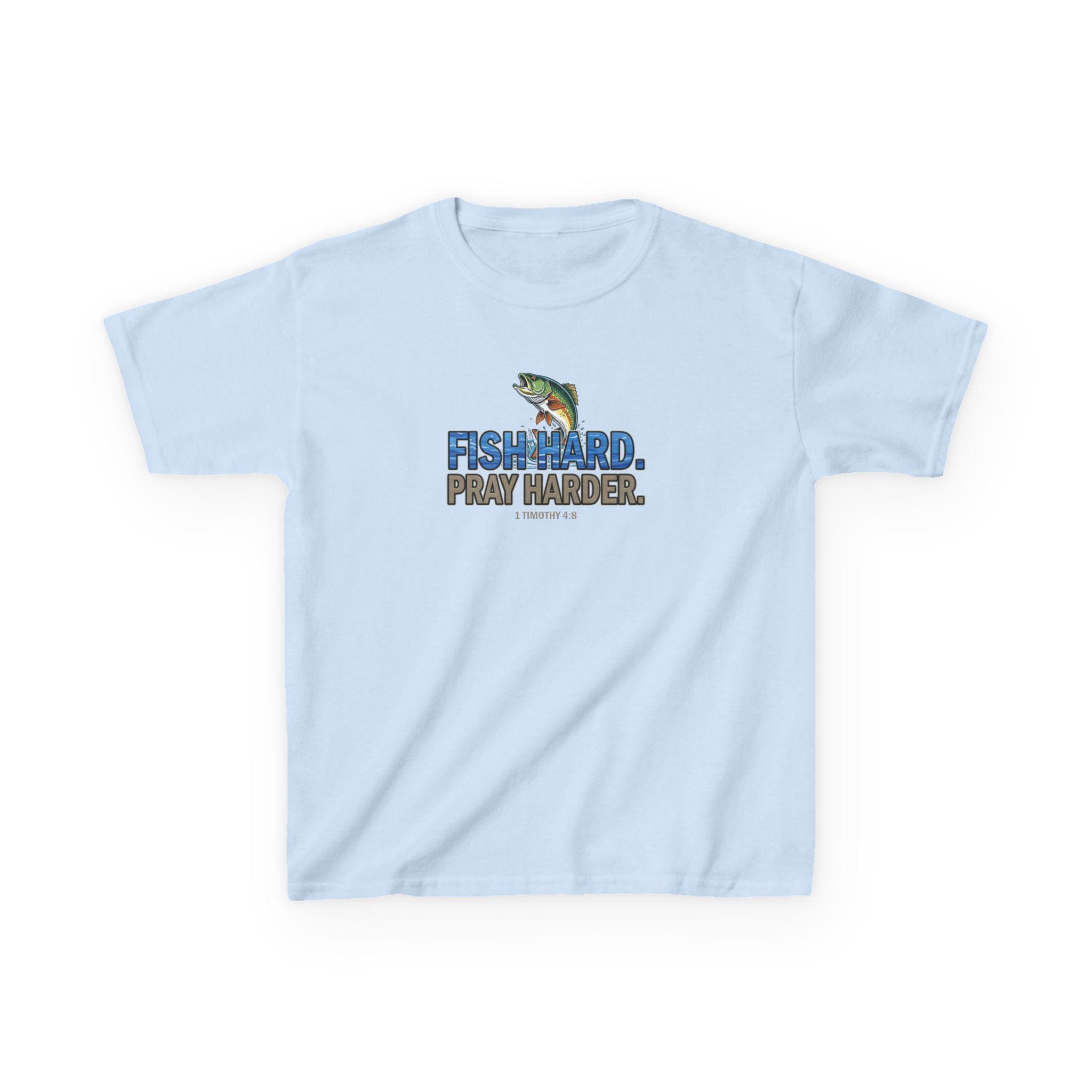 Fish Hard Pray Harder Kid's T-Shirt, Christian Fishing Shirt, Bible Verse Tee, 1 Timothy 4:8, Faith and Outdoors Tee for Kids, Youth Fishing