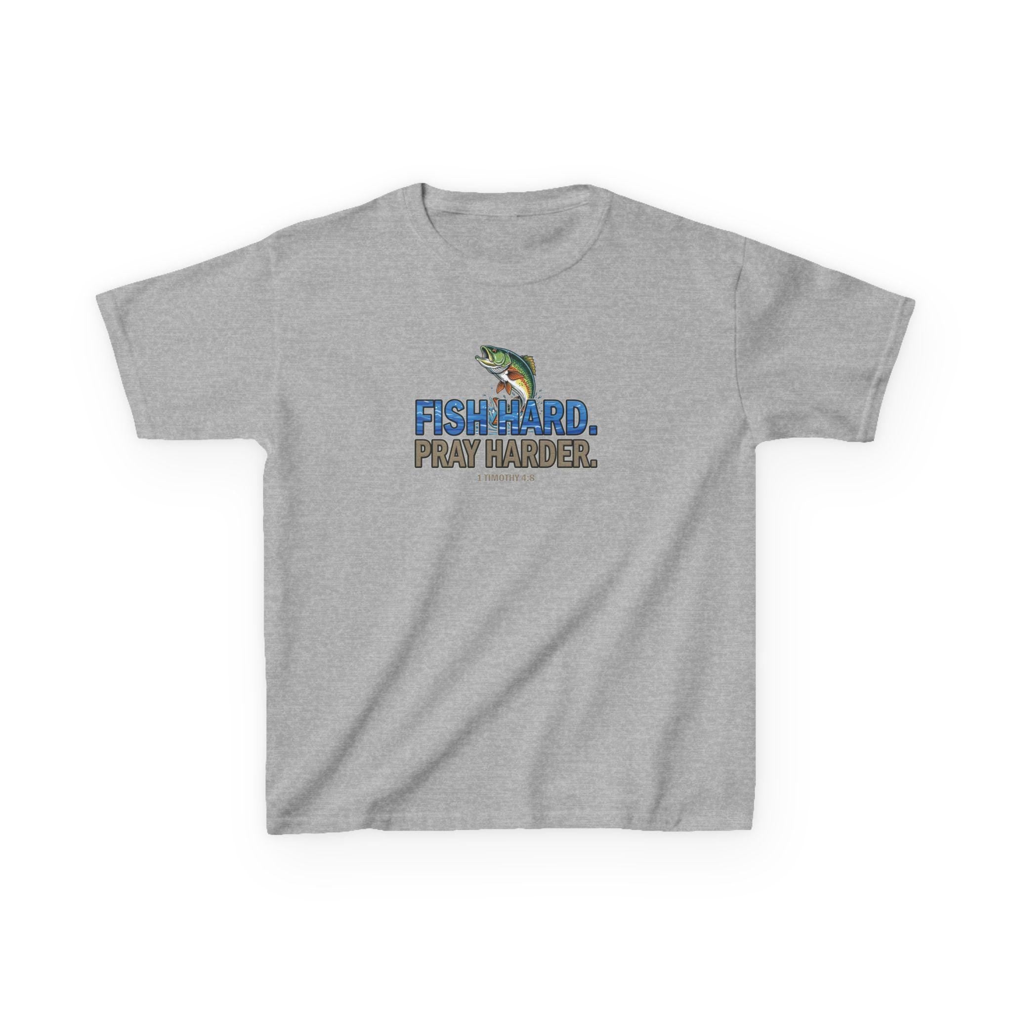 Fish Hard Pray Harder Kid's T-Shirt, Christian Fishing Shirt, Bible Verse Tee, 1 Timothy 4:8, Faith and Outdoors Tee for Kids, Youth Fishing
