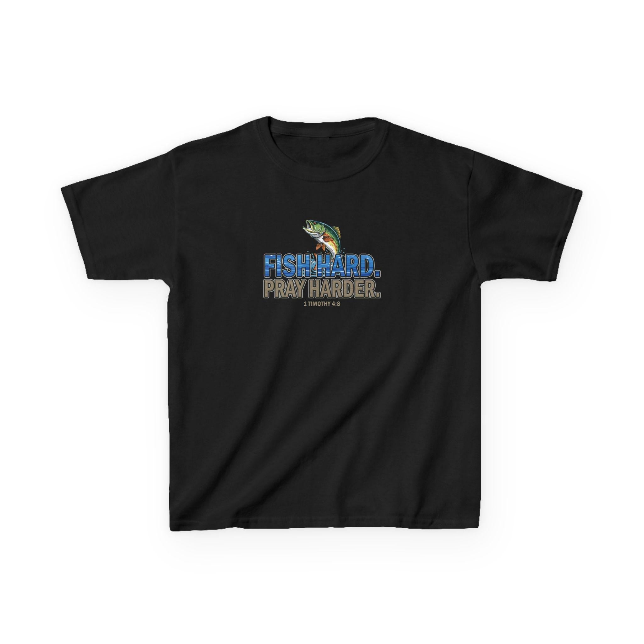Fish Hard Pray Harder Kid's T-Shirt, Christian Fishing Shirt, Bible Verse Tee, 1 Timothy 4:8, Faith and Outdoors Tee for Kids, Youth Fishing