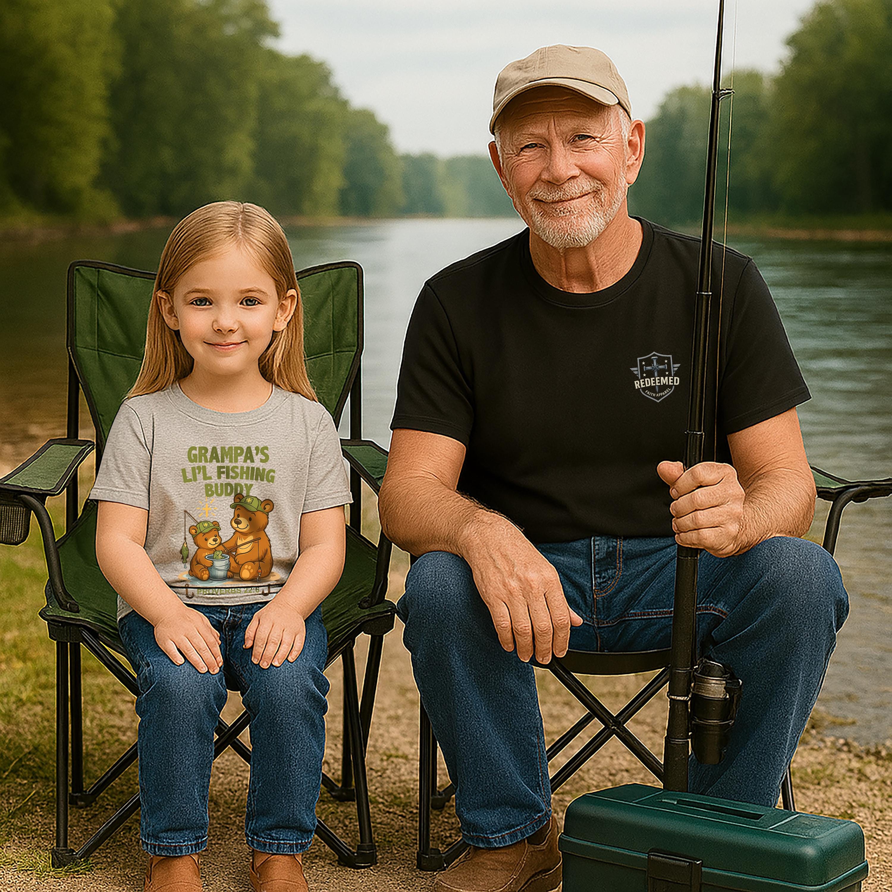 Personalized Li'l Fishin Buddy Shirt, Custom Name, Kids Christian Fishing Tee, Proverbs 226, Daddy, Grandpa, Papa, Gift, Camo Faith Outdoors