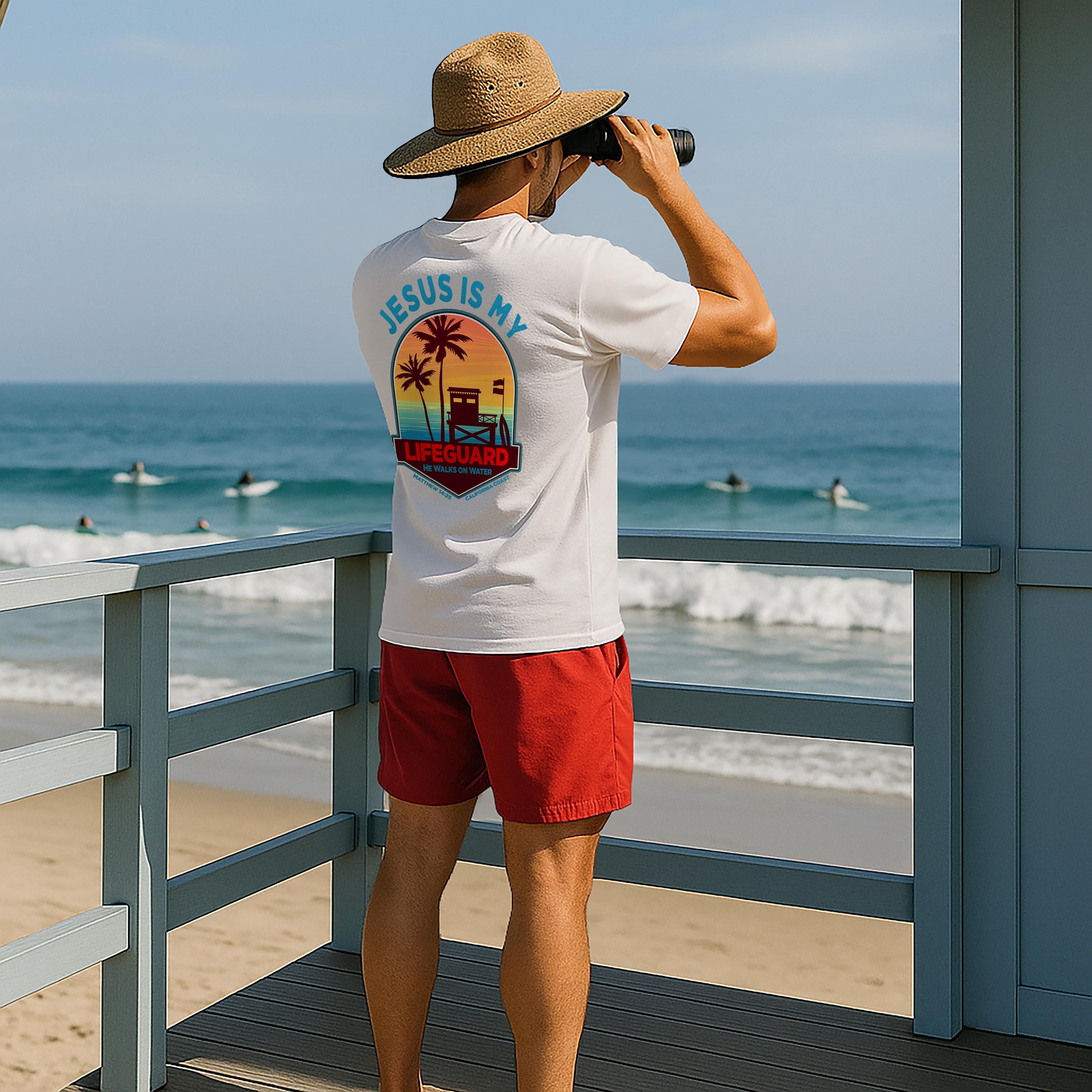 CA-Jesus Is My Lifeguard Shirt, He Walks on Water T-shirt, California Coast, Matthew 1425, Surfing T Shirt, God Bless America Collection